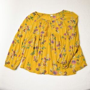 Old Navy Peasant Babydoll Shirt Womens Large Yellow Swing Boho Floral Puff